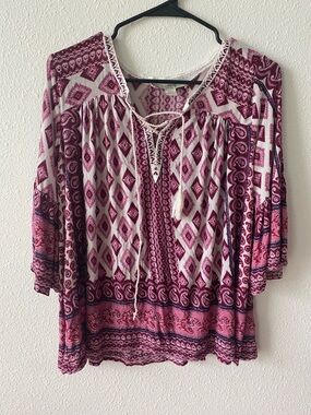 Vintage America Burgundy and Pink Lace-Up Peasant Tunic